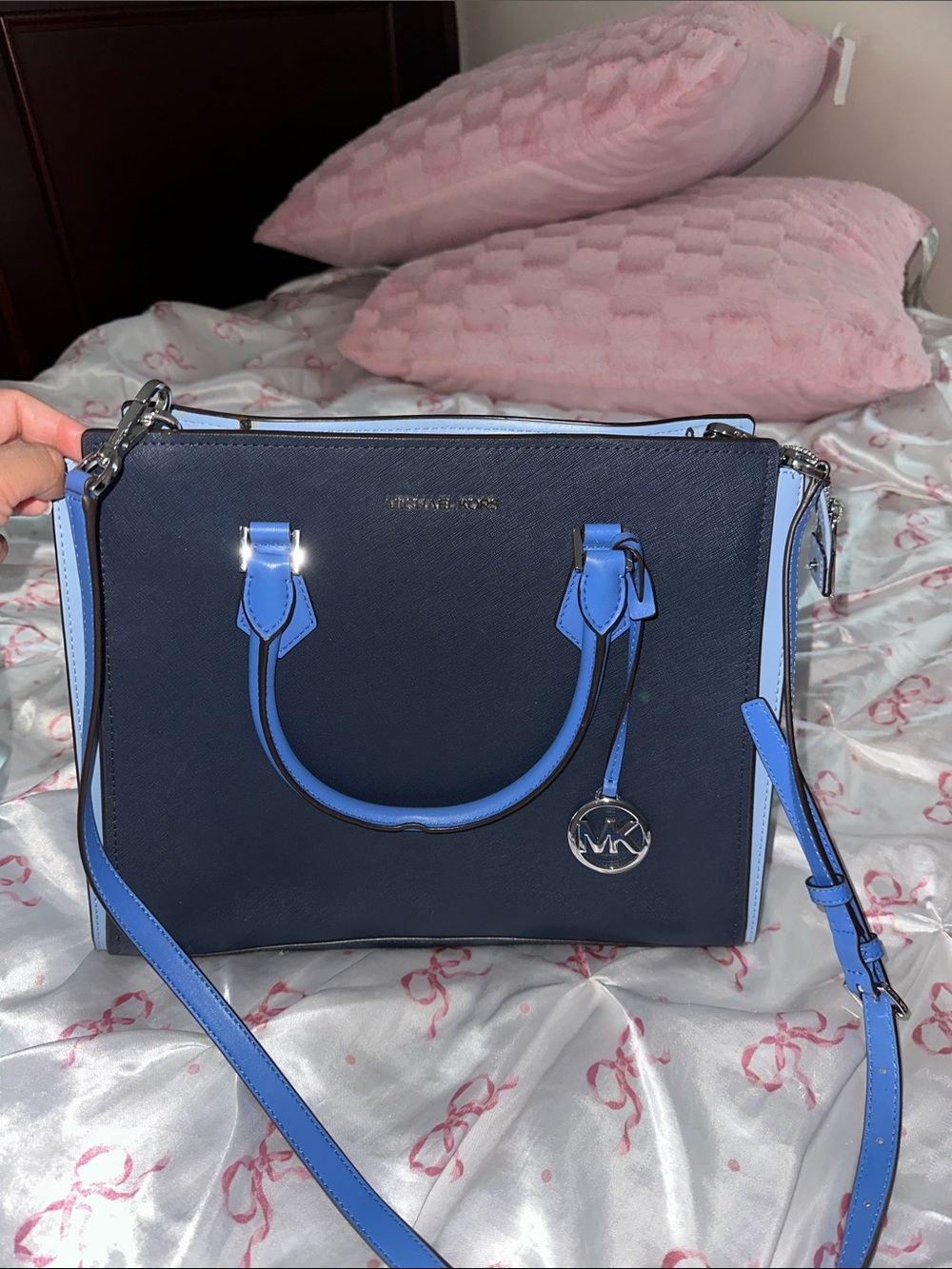 Michael Kors Navy and Light Blue Saffiano Leather Satchel with MK Charm